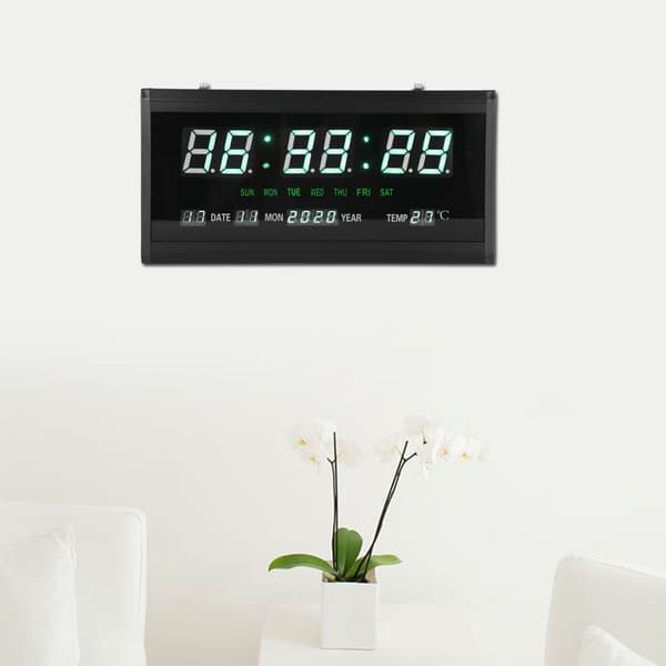 LED Digital Evighetskalender Väggklocka Svart Ram Gröna Siffror EU-kontakt 110-220V