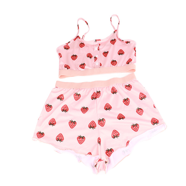 Rosa Jordbærtrykte Blonderstropper Todelt Loungewear Søt Pyjamas