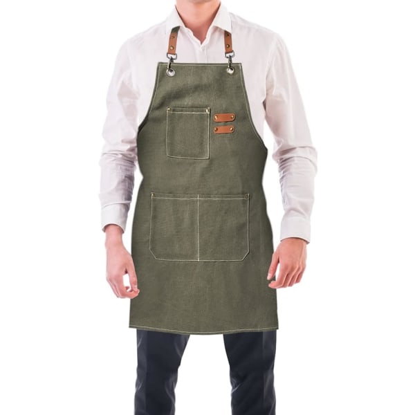 (Grågrön) Köksförkläde för män Canvasförkläden med 3 fickor Vattentätt och justerbart förkläde för grill, restaurang, trädgård, snickare, 78 * 68 cm