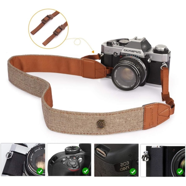 Kameran olkakaulahihna Vintage vyö kaikille DSLR-kameroihin Nikon Canon Sony Pentax Classic valkoinen ja ruskea kudos