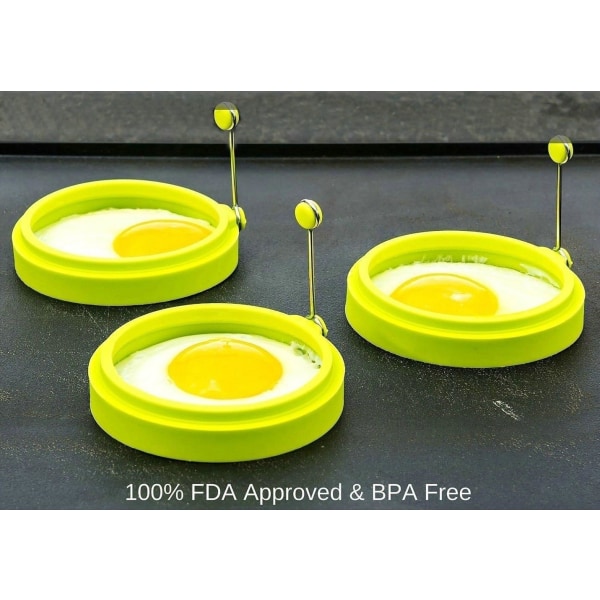 Set med 4 äggringar i silikon - Molds som inte klistrar - Rund form med handtag för stekning (grön)