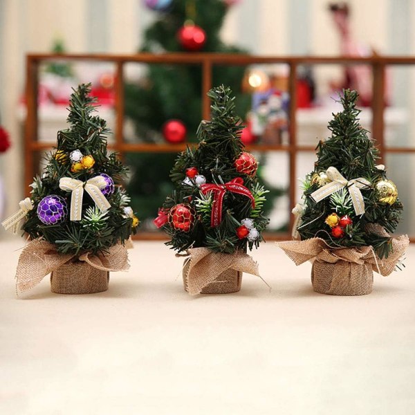 3 st Mini konstgjord julgran med ornament - perfekt juldekoration för bord och skrivbord, 8 tum / 20 cm hög liten julgran för Yo