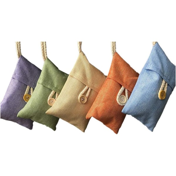 5-pack (orange, lila, beige, blå, grön) naturliga luftrenande bambukolpåsar för hem, kyl, frysar, garderober, bil och skor