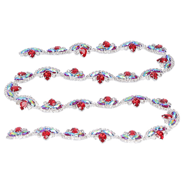Rhinestonekedja Färgad Blomma‑Form DIY Sömnad Hantverk för Kläder Skor Väska Dekoration Röd+Silver Bas