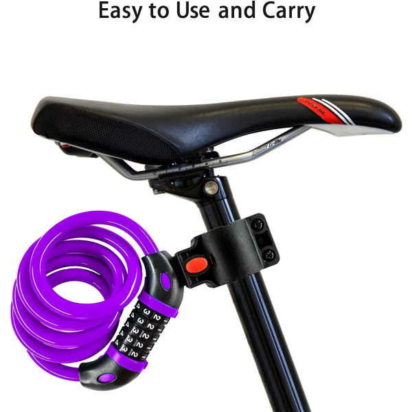 Pyörän lukko (violetti), pyörän lukko 120 cm x 12 mm pitkä, vaijerilukko skootterille, moottoripyörille Pyörän portti 5-numeroisella älykoodilla ja lastenrattaat, pyörälukko