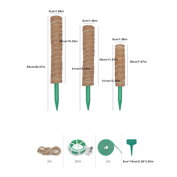 Tilbehør bilde [40cm Sett A] Kokosnøttpalmestikker, grønne reddiksstikker, plante klatreposter, mosepoler