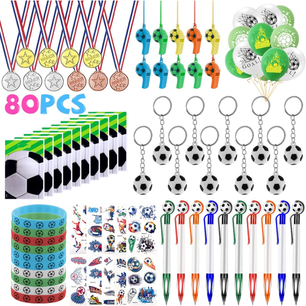 80st Fotbollsfödelsedagspojke, små fotbollsfödelsedagsfester med boll, nyckelring, silikonarmband, visselpipor, medaljer, tatuering, penna, fotbollspar