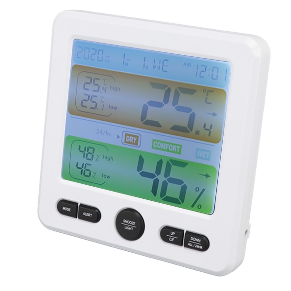 Inomhustermometer Digital färgskärmslarm Temperatur Fuktighetsmonitor Bedside klocka för hem vit- W