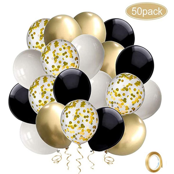 Guld konfetti sort ballon, 50 stykker 12 tommer hvid latex fest balloner sæt med guld bånd til fødselsdag baby shower dekorationer