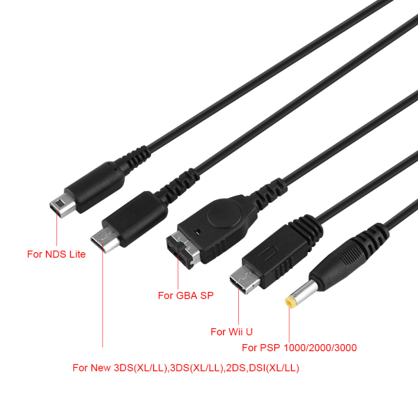 5 i 1 lader USB for Nintendo NDS Ll XL 3DS Wii U PSP multifunksjons ladekabel- W