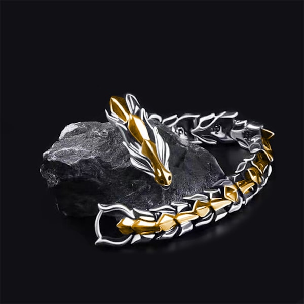 Vintage Silver Dragon Bone Armband - 14mm Bred, 22cm Längd - Herrar Hip Hop Dragon Head Design