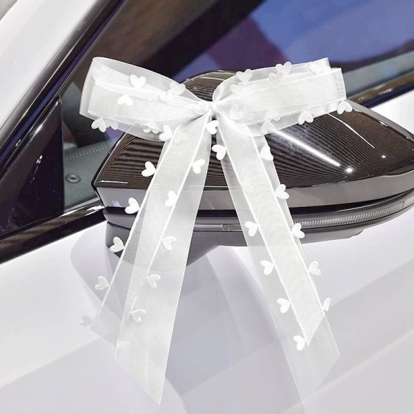 30 hvite sløyfer med hjerter for bryllups- og brudebiler - Tull og satengbånd - Enkel å knyte