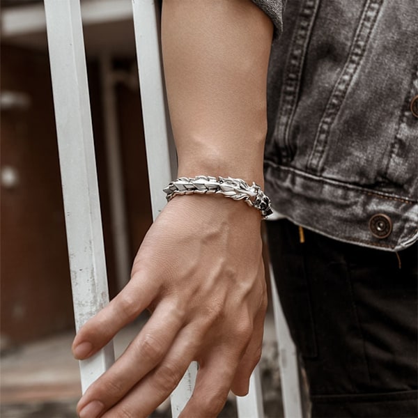 Vintage Silver Dragon Bone Armband - 11,8 mm Bredd, 22 cm Längd - Herrar Hip Hop Dragon Head Accessoar