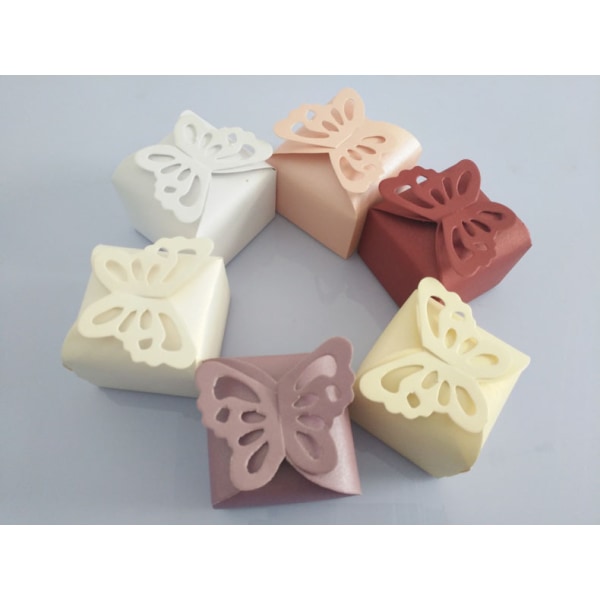 100-delers ny godteriboks Kreativ ensfarget sommerfugleske for bryllupsgodteri Perlepapir sommerfugl kvadratisk bunneske papirboks (6 farger)