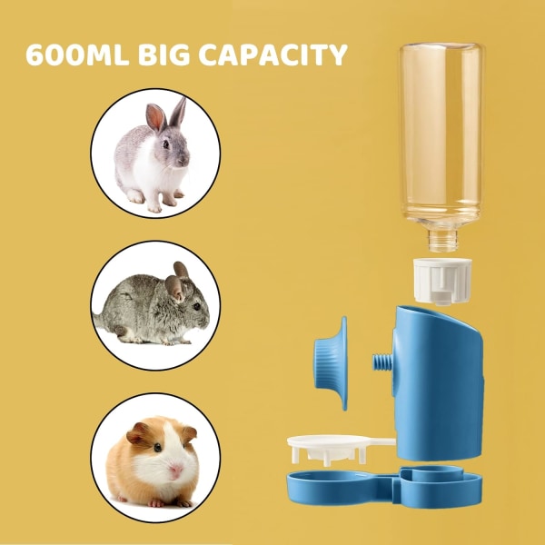 Kanin Vanddispenser, 600ML Hængende Kanin Drikkeautomat Automatisk Marsvin Foderflaske Anti-Dryp Hamster Foderflaske til Kanin Chinchilla Marsvin