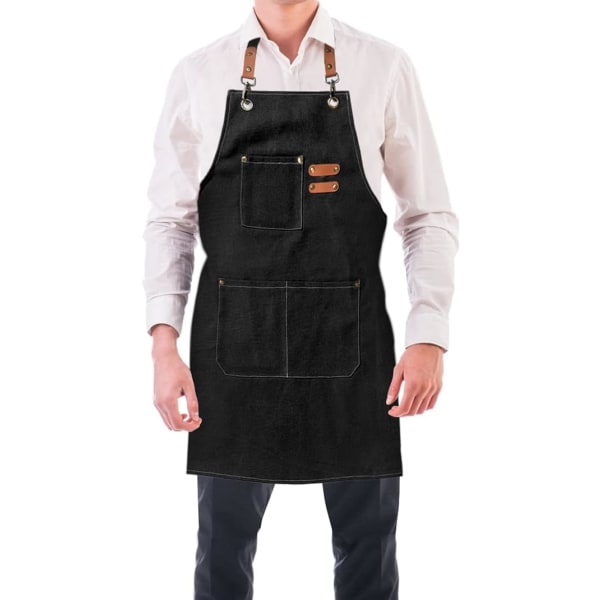 (Svart) Köksförkläde för herr Canvasförkläden med 3 fickor Vattentätt och justerbart förkläde för grill, restaurang, trädgård, snickare, 78 * 68 cm