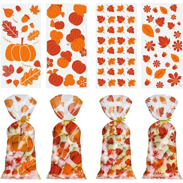 100 kiitospäivän sellofaanivälipalapussi Autumn Harvest Party Keksipakkaus Läpinäkyvä kurpitsan lehtikuvio karkkitarvikkeita Kultasolmuja, oranssia,