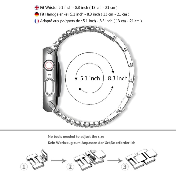 Silver Diamond-Band kompatibelt för Apple Watch 38 mm 40 mm 41 mm glänsande smyckesarmband för kvinnor i rostfritt stål. Kompatibel för iWatch Series 7, SE Se