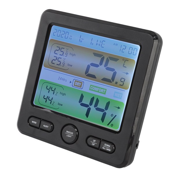 Indendørs Termometer Digital Farveskærm Alarm Temperatur Luftfugtighedsovervågning Natbordsuret til Hjemmet Sort