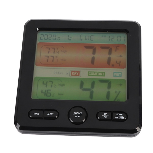 Indendørs termometer Digital farveskærm Alarm Temperatur fugtighedsmonitor Sengeur til hjemmet Sort- W