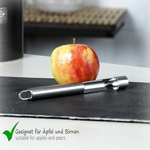 2x ruostumattomasta teräksestä valmistettu omenansydämen - käytännöllinen omenansydämen silmukalla - käytännöllinen ytimenleikkuri - ytimenpoistoaine (002 kpl - omenasydämen - hopea)