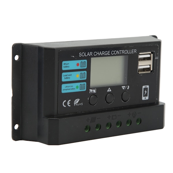 LCD Solpanel Laddningsregulator, 10A Fotovoltaisk Regulator för 12V/24V System, Automatisk Justering, Svart Design