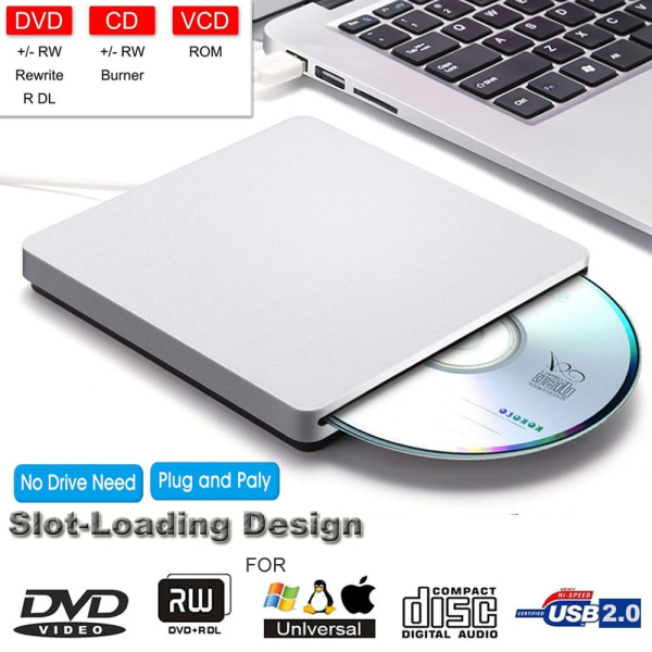 Ekstern USB 2.0 CD/DVD-spiller, sølv