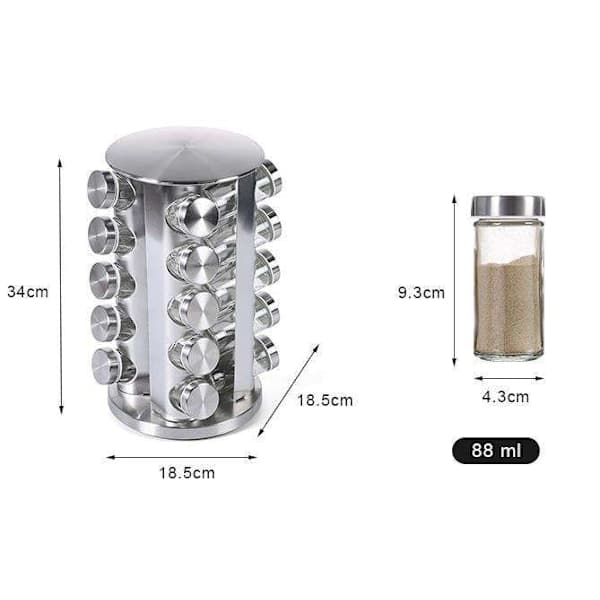 20 Glass Jars + Labels - Spice Rack - Rotating Spice Tower Transparent