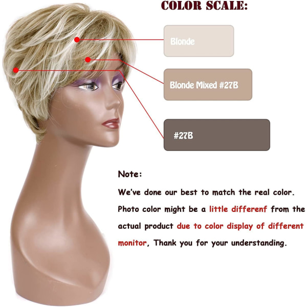Krämig peruk (Blond Mix Brun) Blond Kort Peruk Dam Naturlig Blond Kort Pixie Syntethår ​​Peruk för kvinnor