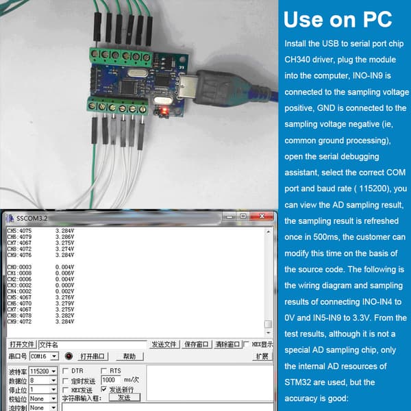 STM32 USB-gränssnitt 10-kanals 12-bitars ADC-modul UART-kommunikation Datainsamling