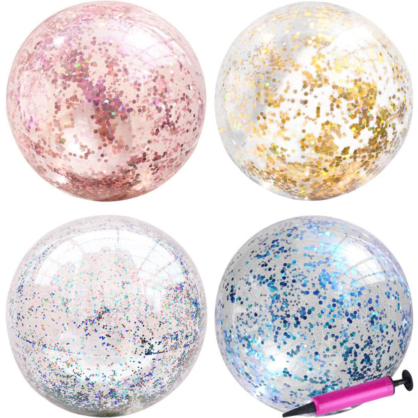 4-pack uppblåsbara glitter badbollar (40 cm), konfetti badbollar, bulk poolbollar Rosa badbollar Vuxna barn sommarpool partyleksaker med uppblåsbar