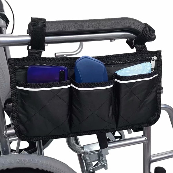 Väska för (svart, 32,5 x 18 cm) rullstol med fickor, rullstolssidoarmstödsväska, förvaringsväska för rullstolstillbehör och skoter