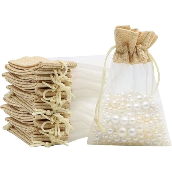Jute Organza-poser, 24 deler 10×15 cm Organza-gaveposer med gjenbrukbar snor for bryllup, smykker, godteri, festivaler