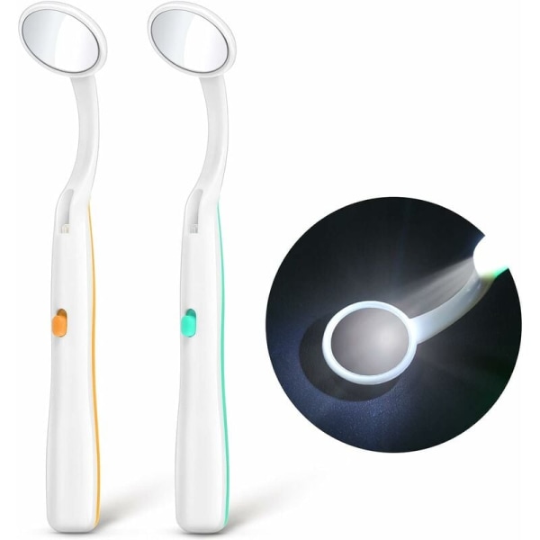 2 delar tandspegel med ljus muntandsspegel tandinspektionsspegel oral spegel med LED-ljusbatteri ingår, grön och orange
