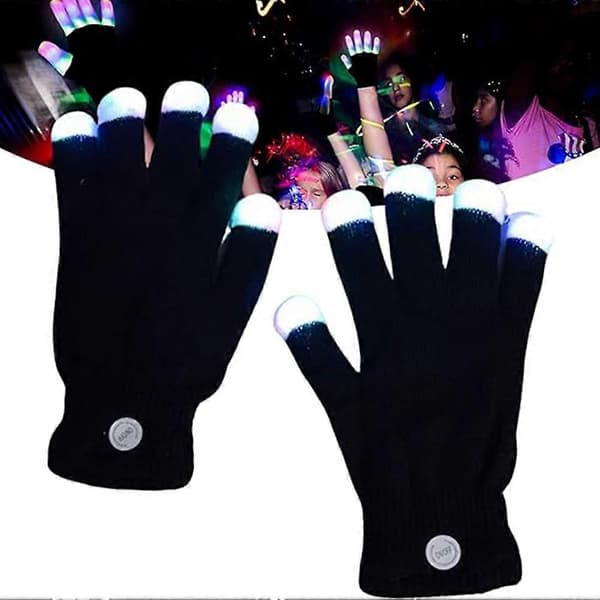 LED Lysende Handsker til Børn og Voksne, Sorte Strikhandsker med Fingerspidslys, Halloween Julefrokost Handsker, 7 Farver Belysning 2pcs
