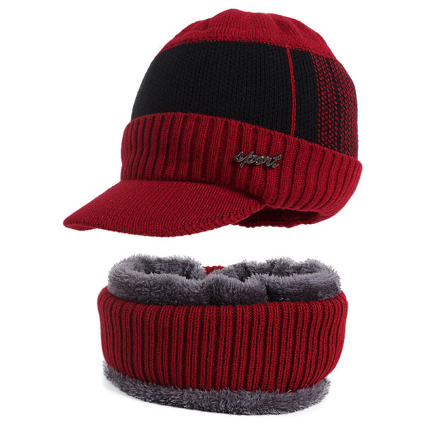 Varm vinter Peaked Beanie Hat Skjerf Sett Fleece Fôret Utendørs Strikke Lue Rød