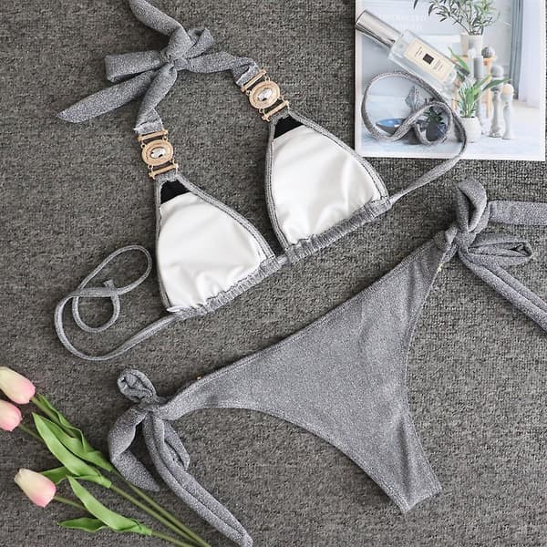 2-delt glitterbadedragt til kvinder, sexet bindebikini, slank badedragt til sommer L Silver