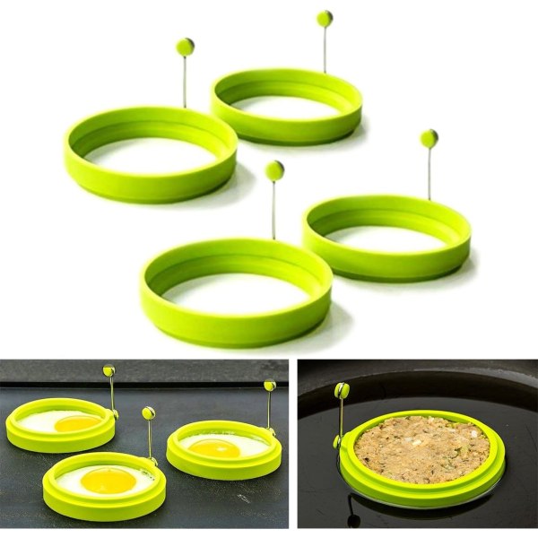 Set med 4 äggringar i silikon - Molds som inte klistrar - Rund form med handtag för stekning (grön)