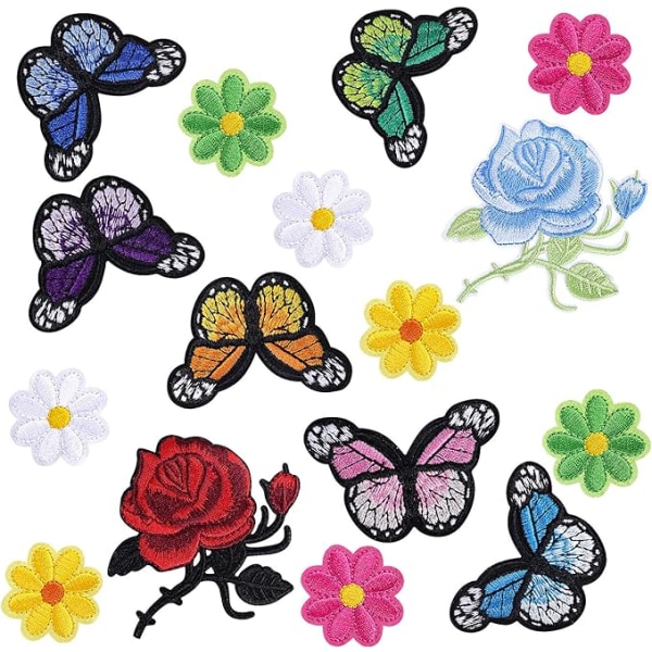 16 stykker Blomsterbroderi Strygningsmærke, Butterfly Broderi Sticker Stryg-på-lapper Syede Patch-klistermærker til tøj, rygsække, jeans, hatte, Re