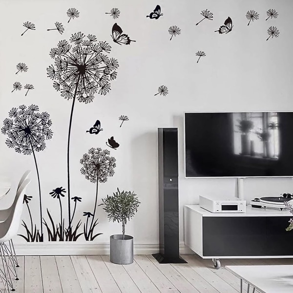 Mælkebøtte BLOMSTER wallstickers sort (150x114 cm) I sommerfugleplanter grentræ I selvklæbende wallsticker til stue soveværelse køkken kontor