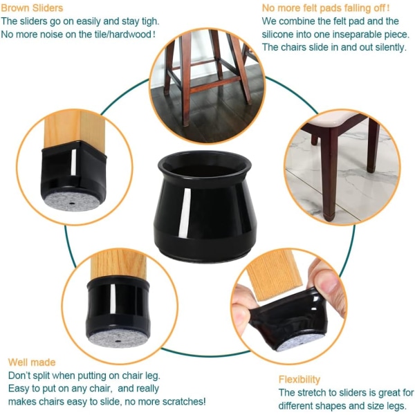 32 kpl tuolin jalkojen lattiasuojat kovapuulattioille, mustat silikonihuopapohjaiset huonekalujen jalkasuojat, tuolinpäälliset suojaavat lattioita naarmuuntumiselta, Cha