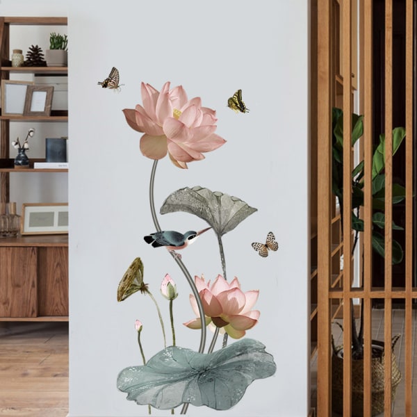 Wallsticker, størrelse XXL, lotus- og blomstermotiver, pink, dekoration til stue og soveværelse