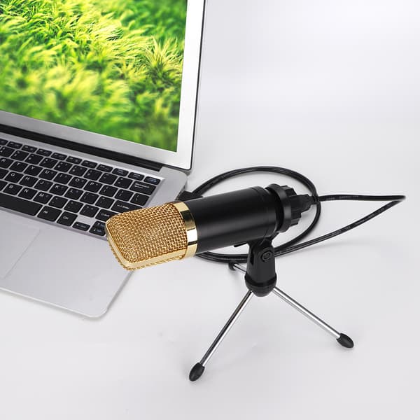 Bærbart USB kondensatormikrofon til PC bærbar computer med stativ sort guld