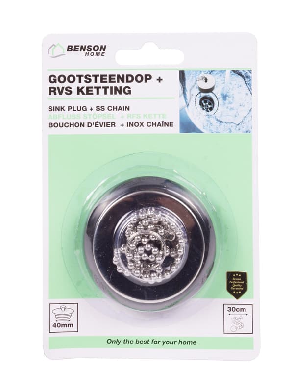 Vaskeplugg 40 mm med rustfri kjede 30 cm