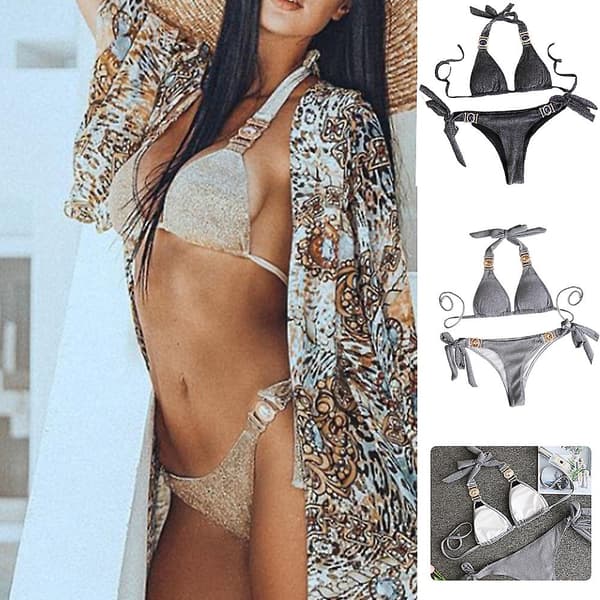 2-delt glitterbadedragt til kvinder, sexet bindebikini, slank badedragt til sommer M Silver