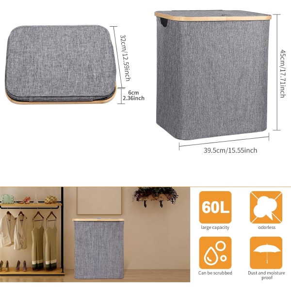 Laundry Hamper 60 L kokoontaitettava pyykkikori bambusta pyykkipukua pyykkilaatikko kannella ja kahvalla, suorakaiteen muotoinen likainen pyykkipussi likaisille vaatteille, 40