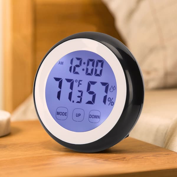 Rund Digital Väckarklocka med Temperatur Luftfuktighet Display Touch Kontroll Hushåll