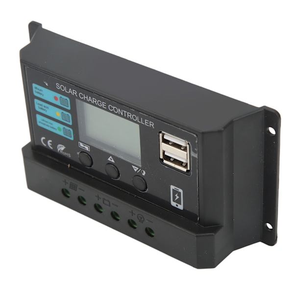LCD Solpanel Opladningsregulator, 10A Fotovoltaisk Regulator til 12V/24V Systemer, Automatisk Justering, Sort Design