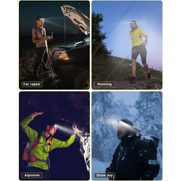 2 stk LED-hodelykt USB oppladbar vanntett COB XPE-hodelykt med smart sensormodus for fiske, camping, sykling, løping