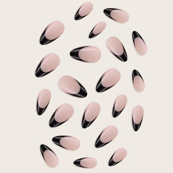 24 stk. Mandel falske negle korte, sorte glitter franske tryk på neglemønstre, ret nøgne falske negle korte med neglelim, stiletstift på negle fo